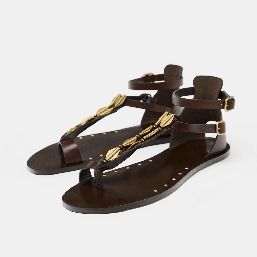 ZARA LEATHER SANDALS WITH ADORNMENT. Grecian, Boho. Size 9 NWT